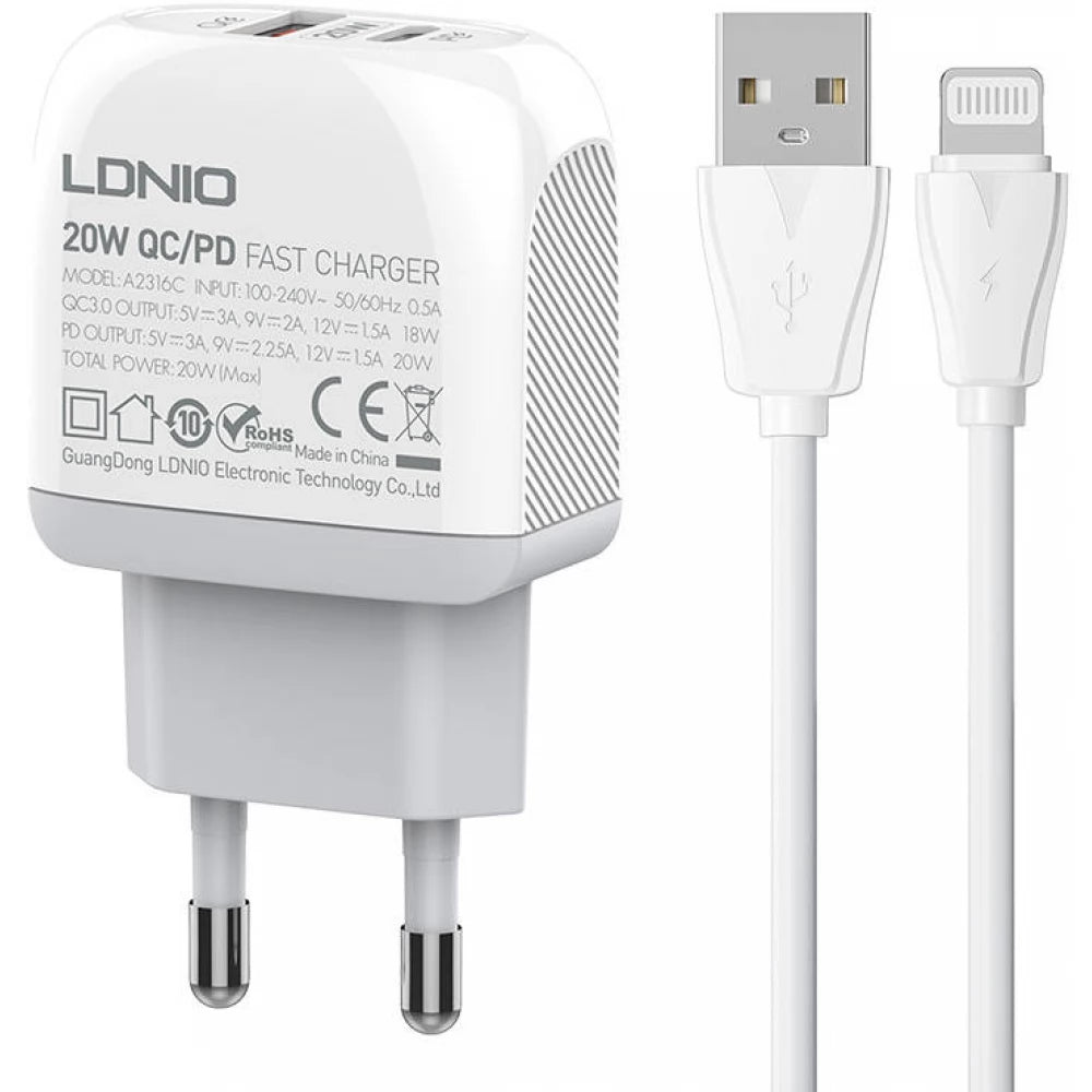 Kućni punjač LDNIO PD 20W + QC 3.0 USB-C to Lighting