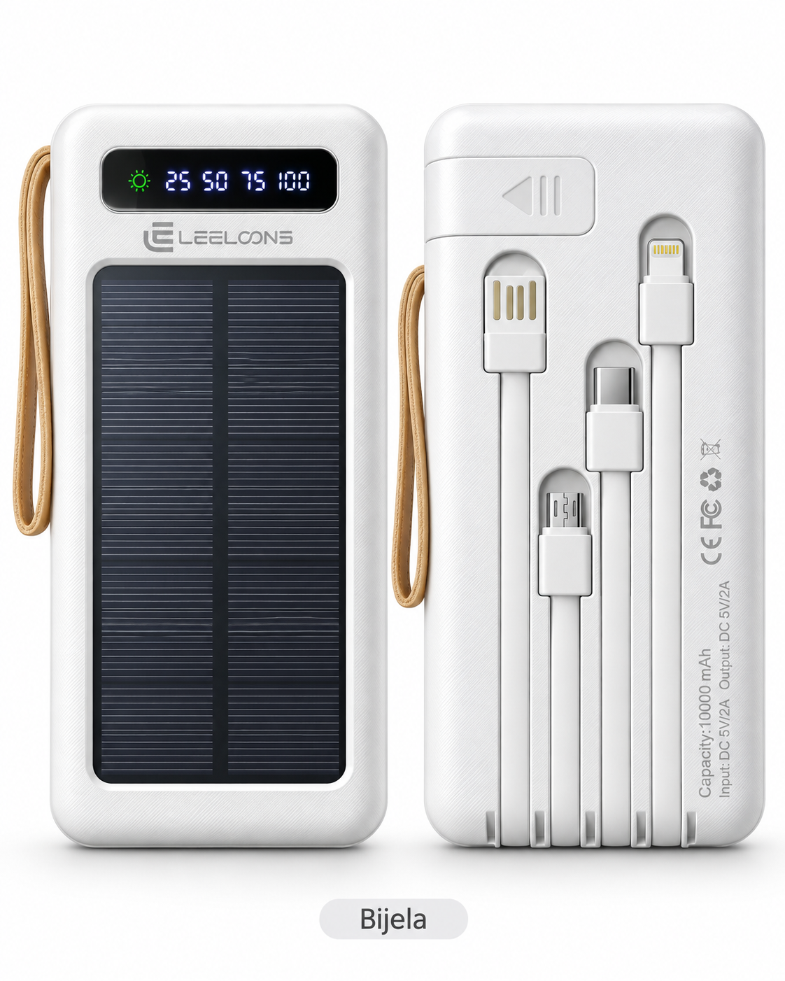 Leeloons XY-5 solarni power bank 10000 mAh bijeli - sprijeda i straga