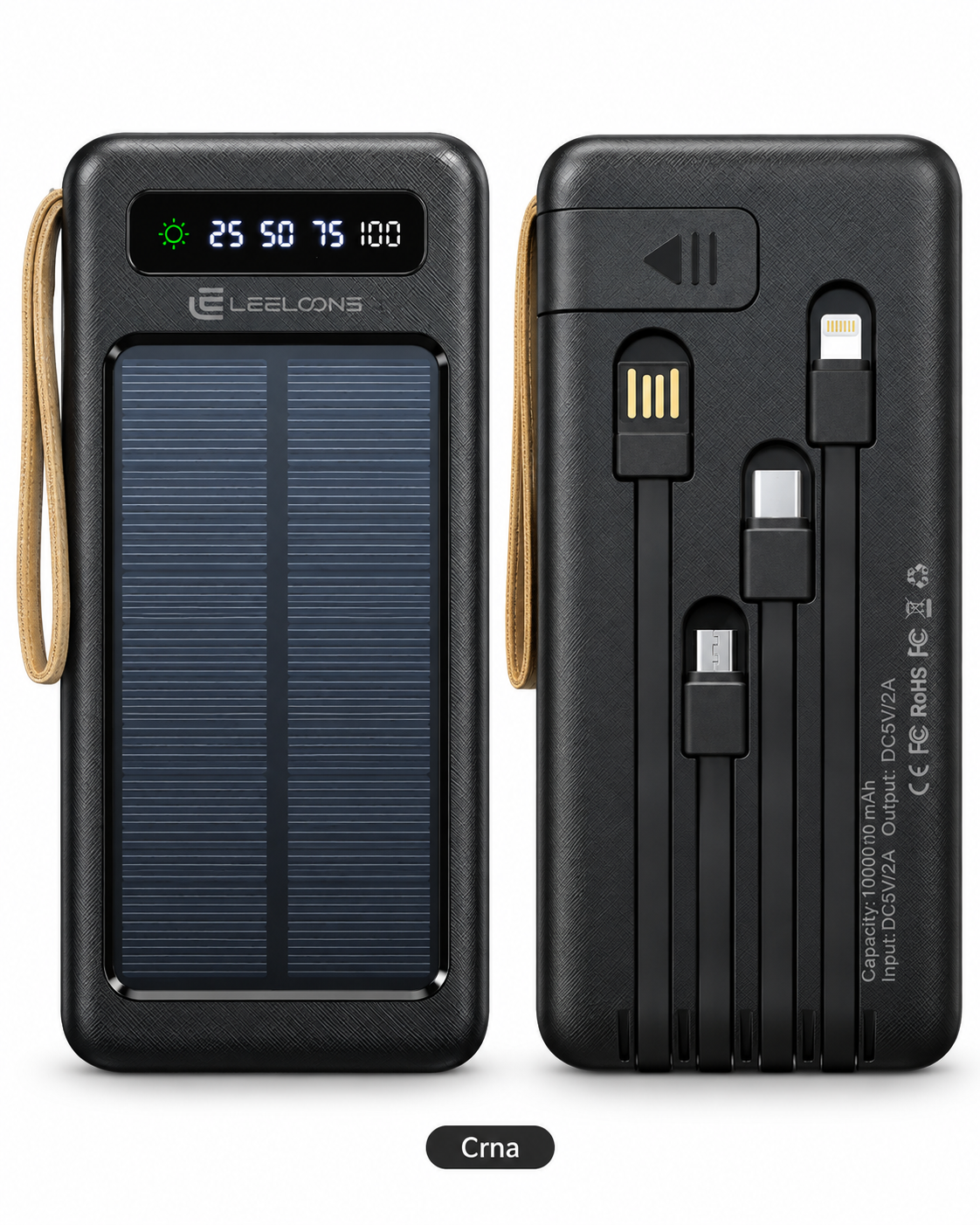 Leeloons XY-5 solarni power bank 10000 mAh crni - sprijeda i straga